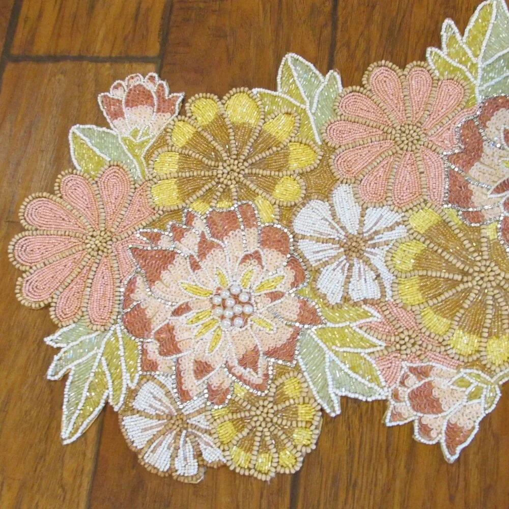 PIER 1 Floral Beaded Table Runner 15 in x 36 in Pink Yellow Peach Mums Daisies